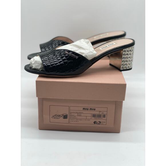 Miu Miu Black Embossed Croc Crystal Embellished Heel Slide Sandals. 39 eu (9 us) - Picture 5 of 8